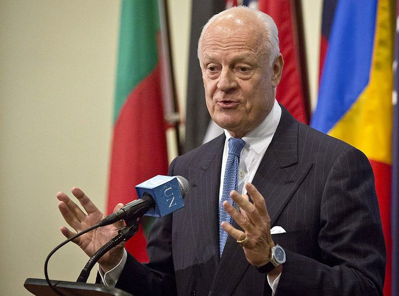 U.N. Syria envoy Staffan de Mistura speaks during a press conference after his meeting with the U.N. Security Council, Thursday Oct. 30, 2014 at U.N. headquarters.  (AP Photo/Bebeto Matthews)