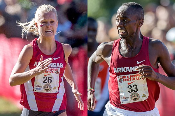 South African Dominique Scott (left), a member of Lance Harter’s women’s team, and Kenyan Stanley Kebenei, a member of Chris Bucknam’s team, won the individual titles at the NCAA South Central Regional cross country meet for Arkansas.