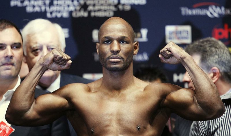 Bernard Hopkins steps on the scale for the weigh-in at Planet Hollywood hotel & casino in Las Vegas on Friday, April 18, 2008. Hopkins will face Joe Calzaghe in a 12-round light heavyweight boxing match on Saturday. (AP Photo/Isaac Brekken)