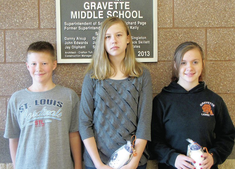Submitted Photo The November Students of the Month at Gravette Upper Elementary/Middle School are: Sixth Grade &#8212; Lane Wilkins; Eighth Grade &#8212; Zoe Zimmerman; and Seventh Grade &#8212; Tiffany Wheeler.
