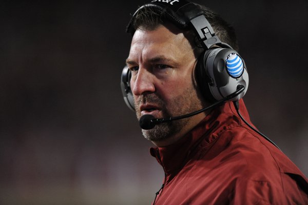 Arkansas coach Bret Bielema directs his players against LSU during the second quarter Saturday, Nov. 15, 2014, at Razorback Stadium in Fayetteville.