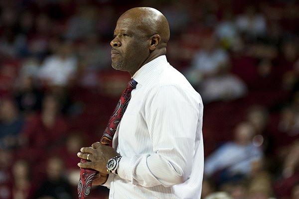Arkansas head coach Mike Anderson watches his players in the second half of an NCAA college basketball game against Alabama State in Fayetteville, Ark., Sunday, Nov. 16, 2014. Arkansas won 97-79. (AP Photo/Sarah Bentham)