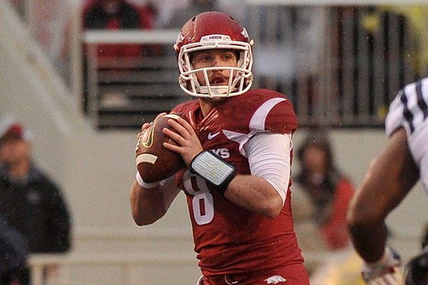 Arkansas quarterback Austin Allen looks for a receiver during a game against Ole Miss on Saturday, Nov. 22, 2014 at Razorback Stadium in Fayetteville. 