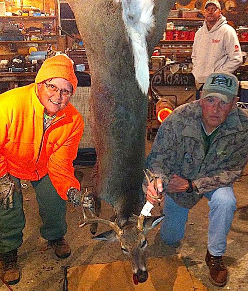 Photo submitted by Terry Byrd
Maxine Byrd, left, and Sonny Thompson, a wildlife biologist for the Arkansas Game and Fish Commission, admire the antlered doe that Byrd killed Wednesday in Cleburne County.
