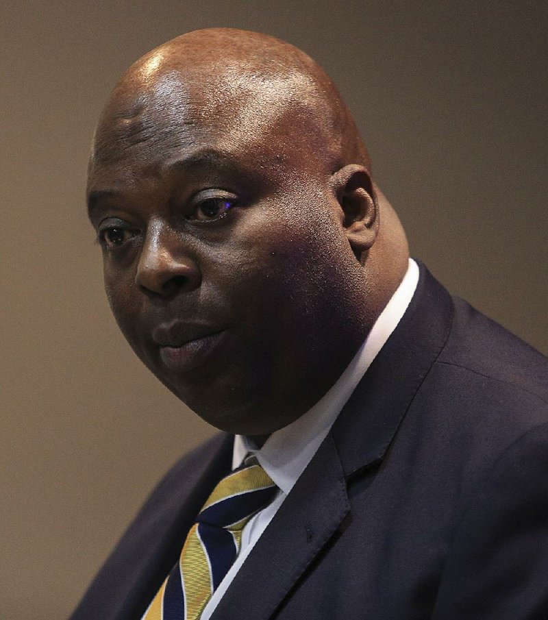  Arkansas Democrat-Gazette/STATON BREIDENTHAL --11/19/14-- Little Rock Police Chief Kenton Buckner talks Wednesday night during a press conference about the department's new rules for officer interaction with lesbian, gay, bisexual and transgender persons.