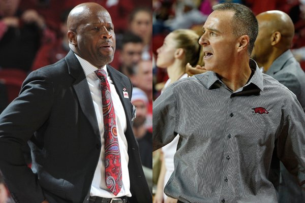 Arkansas men's coach Mike Anderson, left, and women's coach Jimmy Dykes have ranked teams this week. 