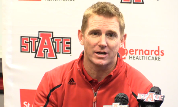 Arkansas State Head Coach Blake Anderson speaks at a news conference Wednesday afternoon in this screenshot from a livestream on the school's website.