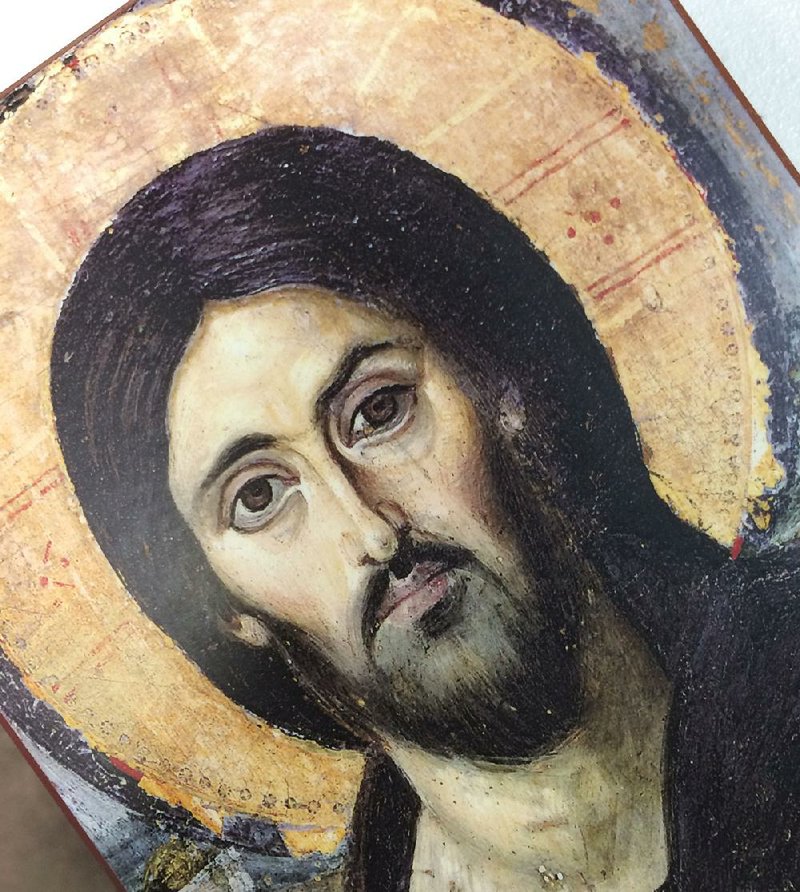 The image of Jesus is a reproduction of an ancient icon, Christ Pantocrator. It’s one of several at St. Nicholas Orthodox Church in Springdale.