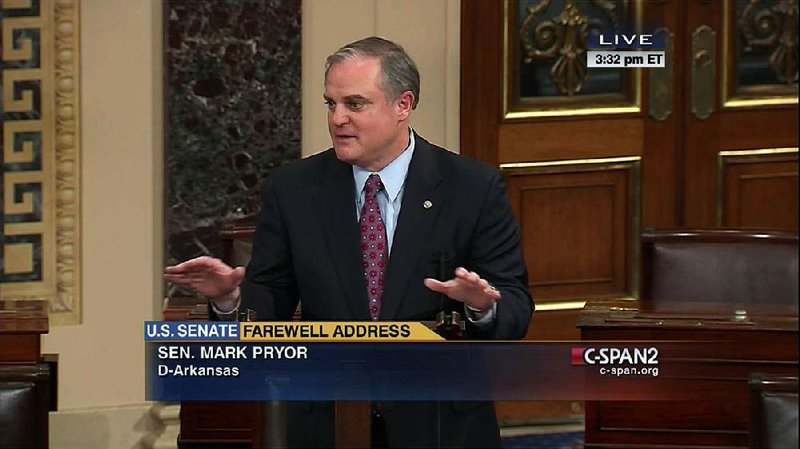 This frame grab from video provided by C-SPAN2 shows Sen. Mark Pryor, D-Ark. giving his farewell address on the floor of the Senate on Capitol Hill in Washington. Pryor was defeated by Rep. Tom Cotton, R-Ark. in last month's Arkansas Senate race. (AP Photo/C-SPAN2)