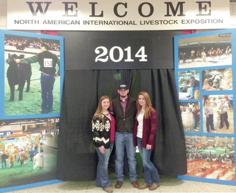 Submitted Photo Laurel Mayo, of Centerton, Levi Bingham, of Gravette, and Jessica Crawley, of Maysville, competed against more than 20 other teams in the Arkansas Livestock Skill-a-thon on the University of Arkansas campus in July. They won first in the state competition and represented Arkansas in the 2014 National Livestock Skill-a-thon Nov. 17 in Louisville, Ky., where they placed 16th in the nation. Levi was High Point Individual in the state contest.