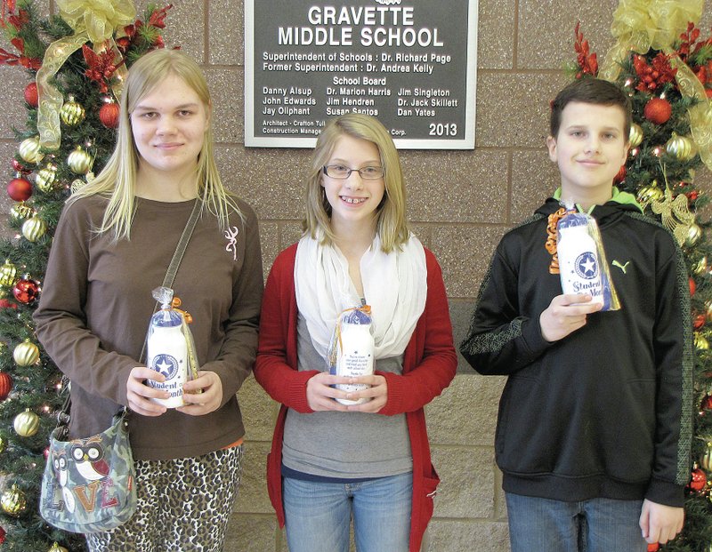 Submitted Photo December Students of the Month at Gravette Upper Elementary are Keegan Wesson, eighth grade; Kaylee Rollo, sixth grade; and Maxwell Nannie, seventh grade.