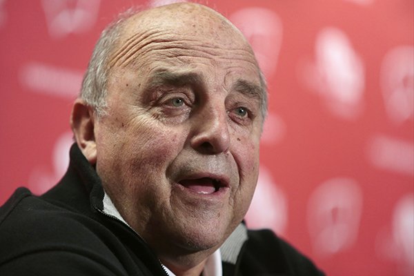 Wisconsin athletic director Barry Alvarez speaks during a news conference in the UW Field House media room near Camp Randall Stadium in Madison, Wis., Wednesday, Dec. 10, 2014. Head football coach Gary Andersen announced Wednesday he was leaving to become the coach at Oregon State. (AP Photo/Wisconsin State Journal, M.P. King)