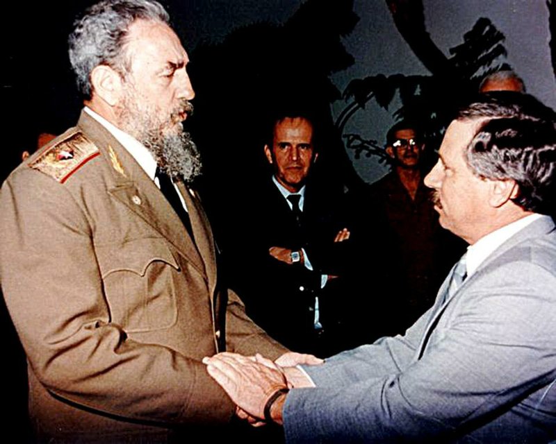 Rice farmer Harvey Joe Sanner of Des Arc meets with then-Cuban President Fidel Castro during a 1987 trade mission to Havana arranged by Bill Alexander, who was U.S. 1st District congressman at the time. 