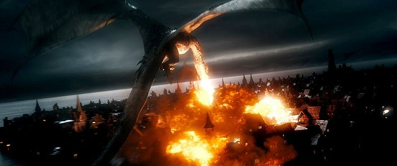 Smaug destroying Laketown in Peter Jackson’s The Hobbit: The Battle of the Five Armies.
