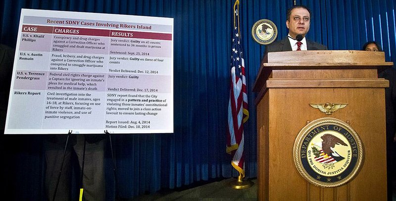 Preet Bharara, U.S. attorney for the Southern District of New York, speaks during a news conference Thursday in New York. Federal prosecutors have sued New York City to speed reforms at the Rikers Island jail complex. 