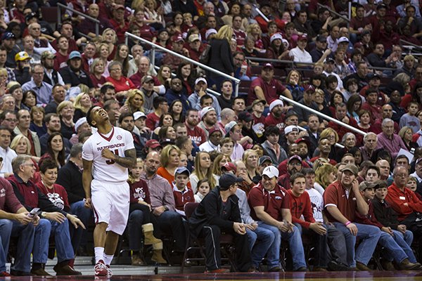Arkansas guard Anton Beard reacts to a call during the second half of a game against Southeast Missouri State on Saturday, Dec. 20, 2014 at Verizon Arena in North Little Rock. 