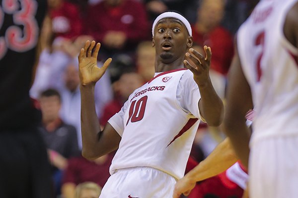 Arkansas forward Bobby Portis reacts to a technical foul call during the second half of a game against Southeast Missouri on Saturday, Dec. 20, 2014 at Verizon Arena in North Little Rock. 