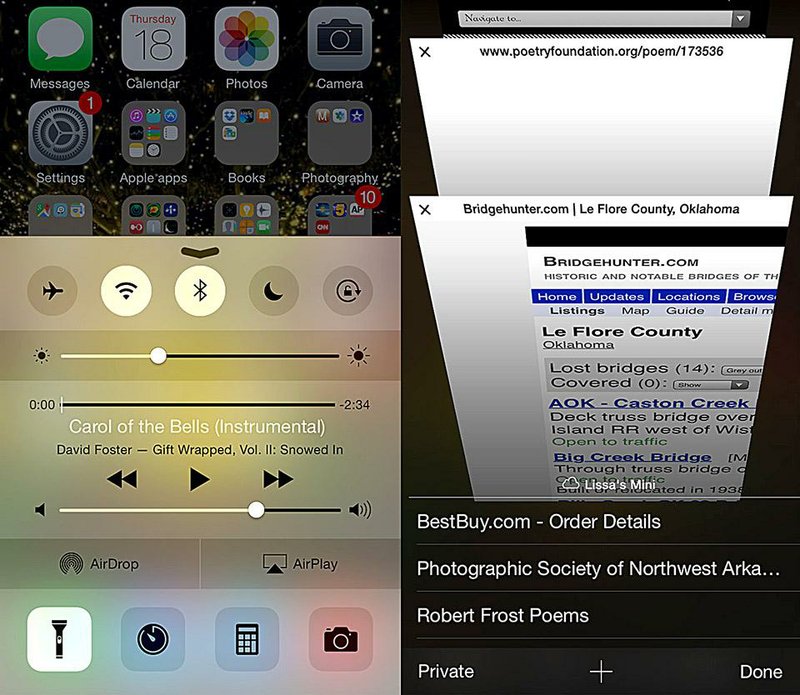 Special to the Arkansas Democrat-Gazette/JEFF MITCHELL - 12/19/2014 - Swiping up from the bottom of the screen reveals a control panel (left) that provides quick access to several controls. Tapping the double squares in the bottom right of the browser window shows the open browser pages (right). Swiping up shows open pages on iCloud-connected devices, such as the iPad or iPad Mini. 