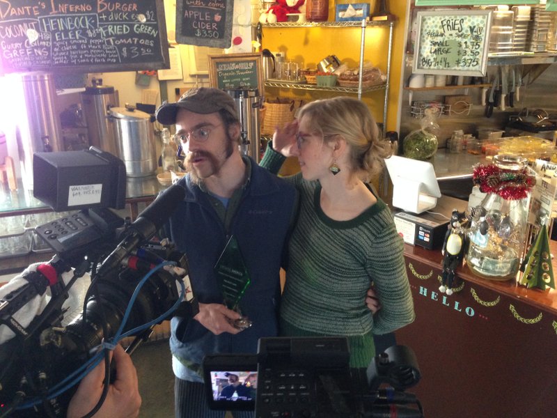 The Root owners Jack and Corri Sundell are interviewed for "Growing America: A Journey to Success" in the Little Rock restaurant after learning they had won $25,000.
