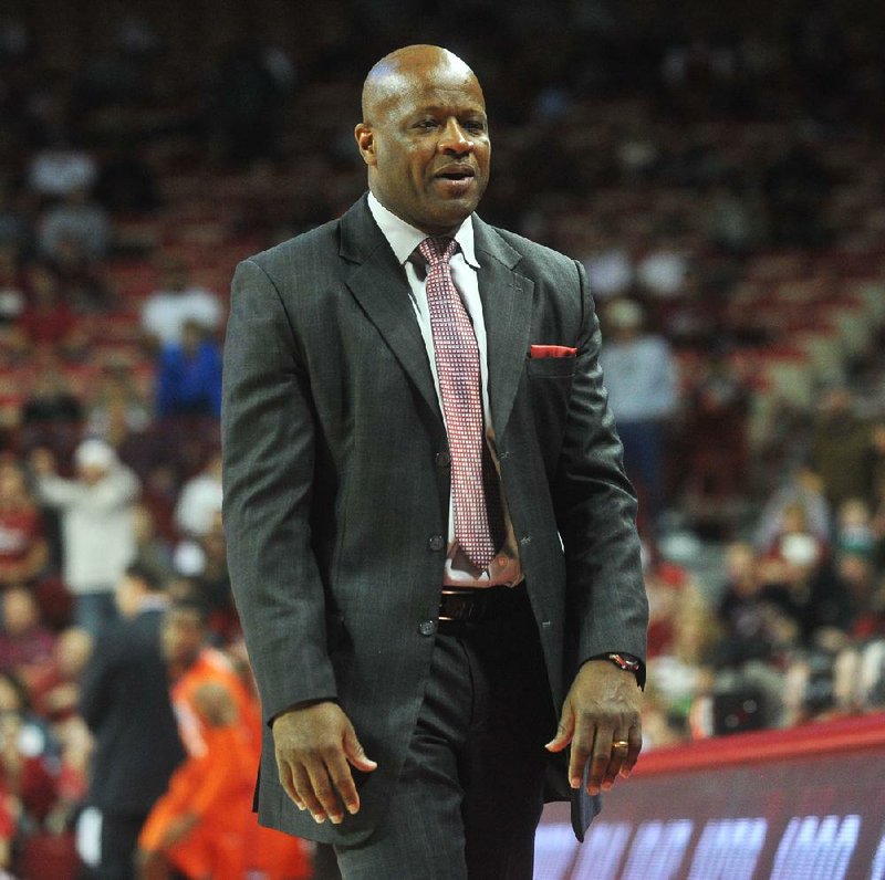 NWA Media/MICHAEL WOODS  --12/07/13-- 
University of Arkansas coach Mike Anderson on the sidelines during Saturday afternoons game against the Clemson Tigers at Bud Walton Arena in Fayetteville.