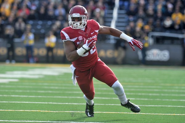 Arkansas running back Jonathan Williams scores a touchdown in the first quarter against Missouri Friday, Nov. 28, 2014, at Faurot Field in Columbia, Mo.