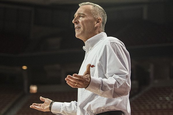 Arkansas coach Jimmy Dykes appeals a no call against Grambling State Monday, Dec. 29, 2014 in the second half at Bud Walton Arena in Fayetteville. The Razorbacks won 77-35.