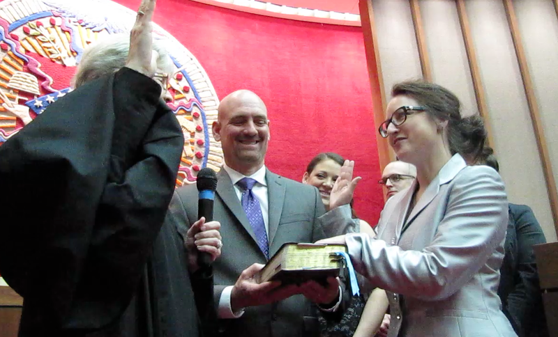 Judge Rhonda K. Wood is sworn in as an associate justice to the Arkansas Supreme Court Tuesday by retired Associate Justice Annabelle Imber Tuck.