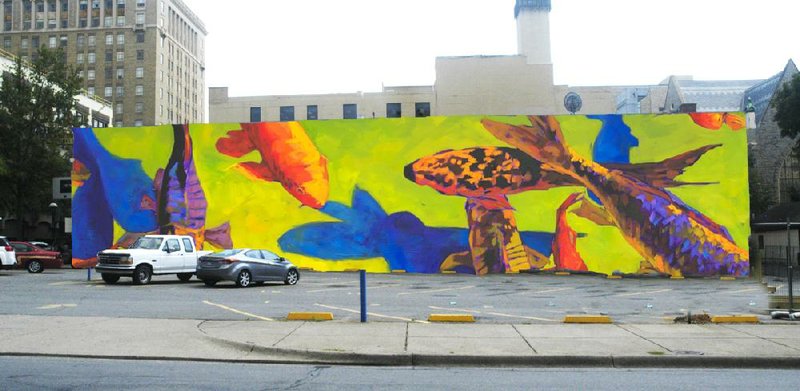 Artist Matt McLeod is creating an image of swimming koi similar to this one that he mocked up to show stakeholders. McLeod’s mural will be created on a blank wall at Sixth and Main streets in Little Rock. 