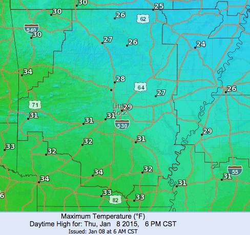 This screenshot of a National Weather Service map shows daytime highs expected across the state Thursday.
