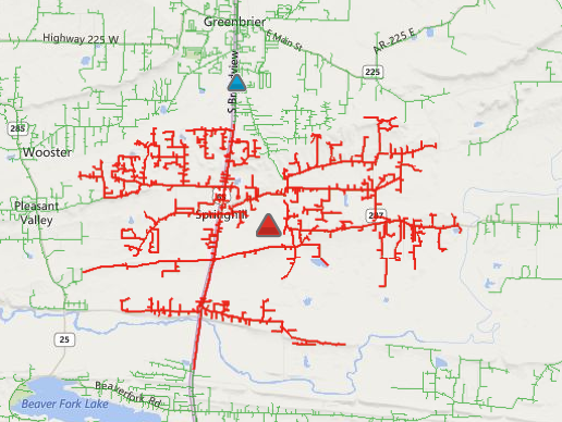 This screenshot from the Entergy website shows a power failure south of Greenbrier in Faulkner County.