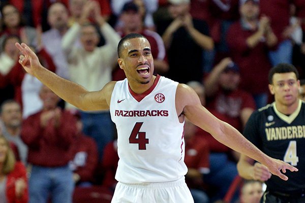 Arkansas guard Jabril Durham celebrates after forcing a turnover during the second half of a game against Vanderbilt on Saturday, Jan. 10, 2015 at Bud Walton Arena in Fayetteville. 