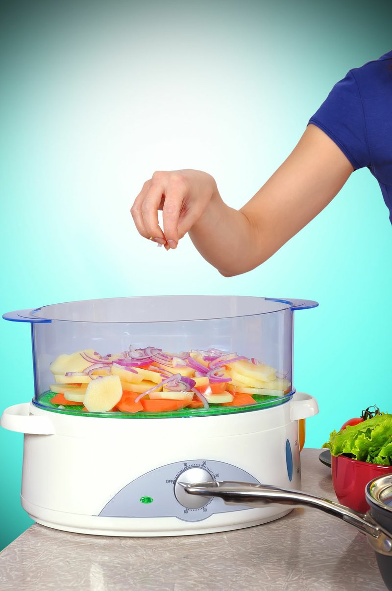 A countertop steamer makes easy work of cooking chicken and vegetables.