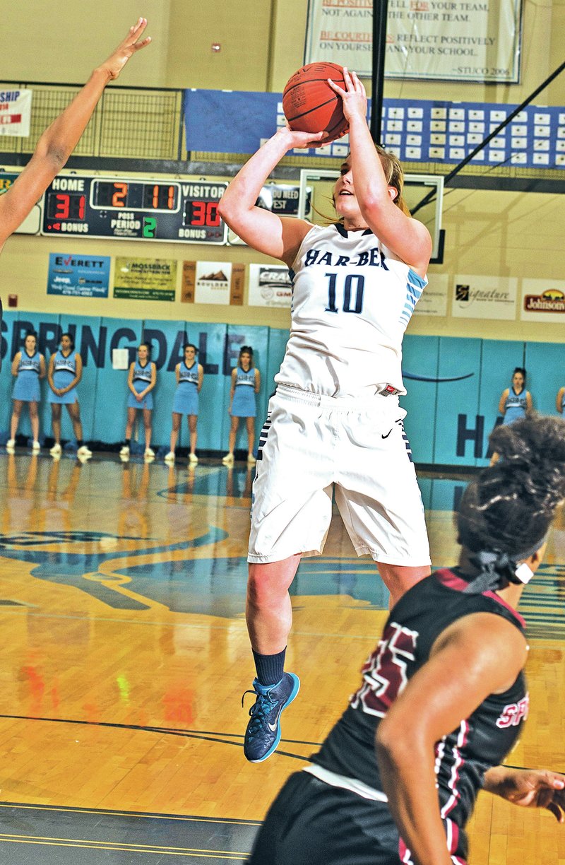 NWA Democrat-Gazette/ANTHONY REYES &#8226; @NWATONYR Bailey Schalk, Springdale Har-Ber senior point, shoots Tuesday against Springdale High at Wildcat Arena in Springdale.