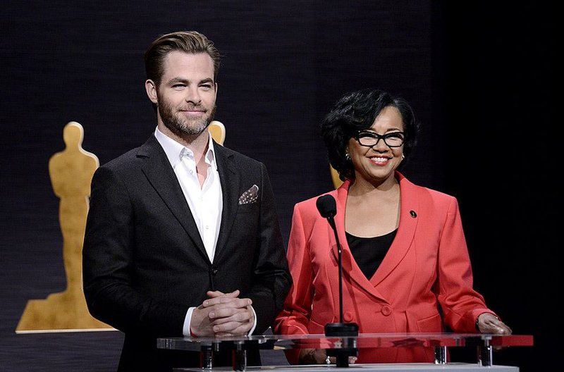 Chris Pine and Cheryl Boone Isaacs, president of the Academy of Motion Picture Arts and Sciences, announce Oscar nominations Thursday in Beverly Hills, Calif.