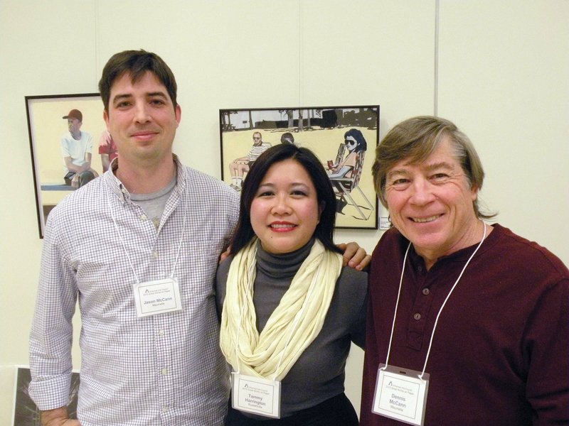 Three artists from the River Valley & Ozark Edition coverage area have work in the 2015 Small Works on Paper touring exhibit. They are, from left, Jason McCann of Maumelle, Tammy Harrington of Russellville and Dennis McCann of Maumelle. The exhibit will be on display at the William F. Laman Library in North Little Rock through Jan. 27 before embarking on a statewide tour for the rest of the year.