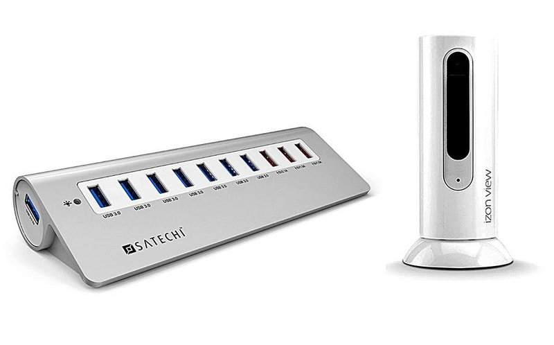 Courtesy of Satechi and Stem Innovation
The Satechi Aluminum Hub (left) provides seven USB data ports and three charging ports. The iZon View (right) from Stem Innovation offers a small security camera with night vision that can be used in a home, office or nursery. 