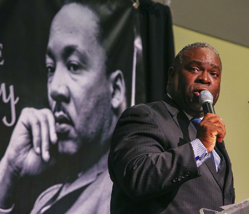 1/19/2015
Arkansas Democrat-Gazette/STEPHEN B. THORNTON
The Rev. Cecil Gibson delivers an impassioned  interpretation of Dr. Martin Luther King Jr.'s "I Have a Dream" speech during  the "A Day of Service ‚Äì A Day On, Not a Day Off," event to celebrate King's legacy at the Benton Event Center on Monday. 