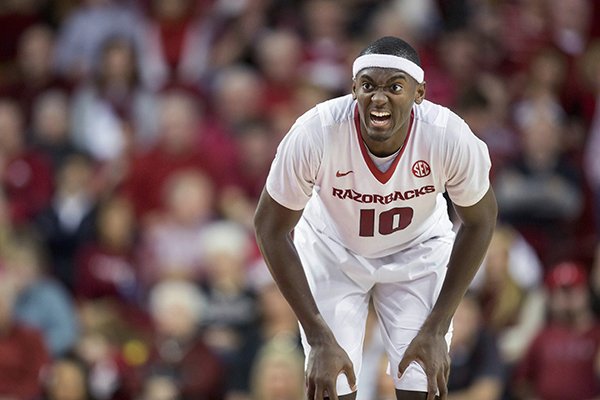 Arkansas forward Bobby Portis reacts to a foul call during the second half of an NCAA college basketball game against Mississippi on Saturday, Jan. 17, 2015, in Fayetteville, Ark. Portis led all scorers with 23 points, but Mississippi defeated Arkansas 96-82. (AP Photo/Gareth Patterson)