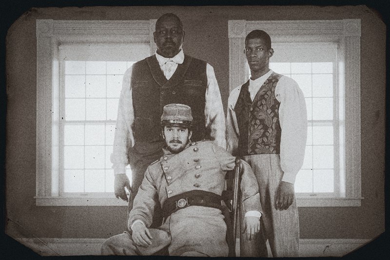 Ryan Barry (front), Michael A. Shepperd and Damian Thompson in The Rep's production of The Whipping Man