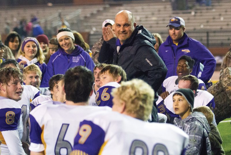 Mayflower coach Todd Langrell talks to his team after the Eagles beat Harding Academy in the second round of the Class 3A state playoffs in November. Langrell is the River Valley & Ozark Edition Coach of the Year.