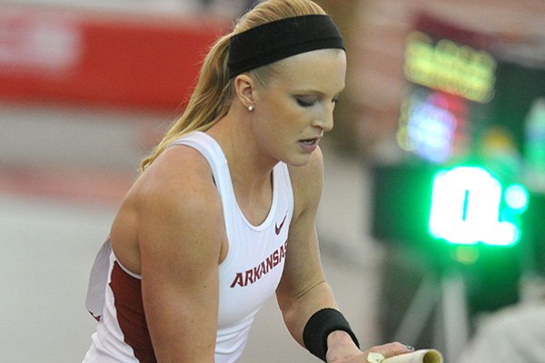 Arkansas pole vaulter Sandi Morris warms up during a meet against Texas on Friday, Jan. 16, 2015 at Randal Tyson Track Center in Fayetteville. 