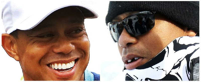 Tiger Woods (left photo) shows off his new dental work Tuesday in Scottsdale Ariz., which was required after suffered a chipped tooth and cracked another (right photo) in a collision with a photographer Jan. 19 at a World Cup ski race in Italy.