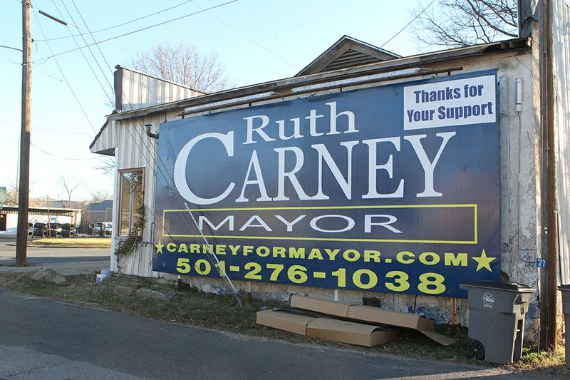 The Sentinel-Record/Richard Rasmussen Ordinance violation: A billboard for Mayor Ruth Carney's re-election campaign, which was apparently in violation of the city's planning and zoning ordinance pertaining to political signs, was removed Tuesday afternoon. This photograph was taken Tuesday morning, before the sign was removed.