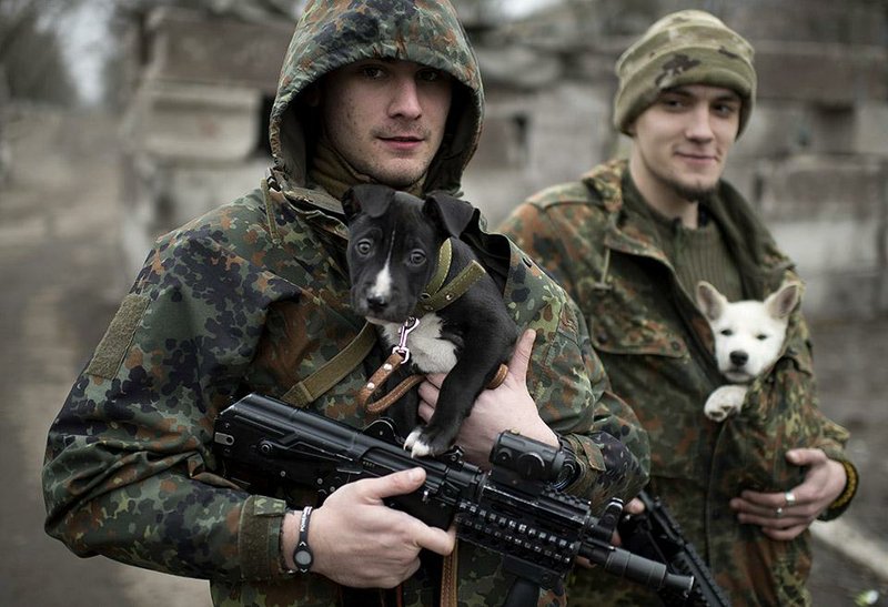 Ukrainian servicemen put their dogs under their jackets to keep the animals warm Wednesday in Mariupol, Ukraine. Clashes between separatists and government forces in eastern Ukraine escalated this month to the worst since a September cease-fire. 
