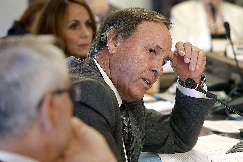 Sen. Gary Stubblefield, R-Branch, as a question during a meeting of the Senate Committee on Public Health, Welfare, and Labor at the Arkansas state Capitol in Little Rock, Ark., Wednesday, Jan. 28, 2015. (AP Photo/Danny Johnston)