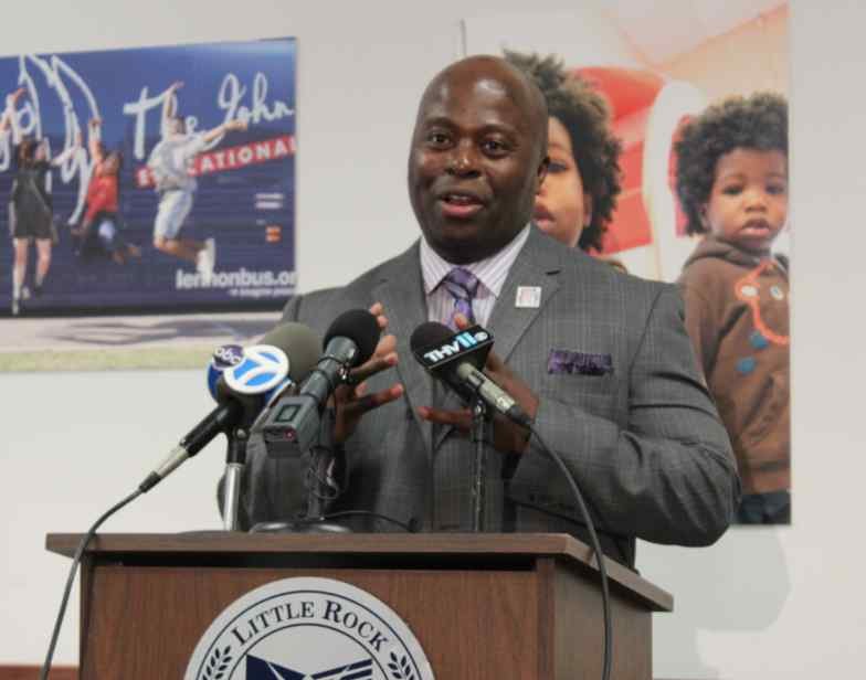 Interim Little Rock School District Superintendent Dexter Suggs speaks Thursday at a news conference at the district's headquarters.