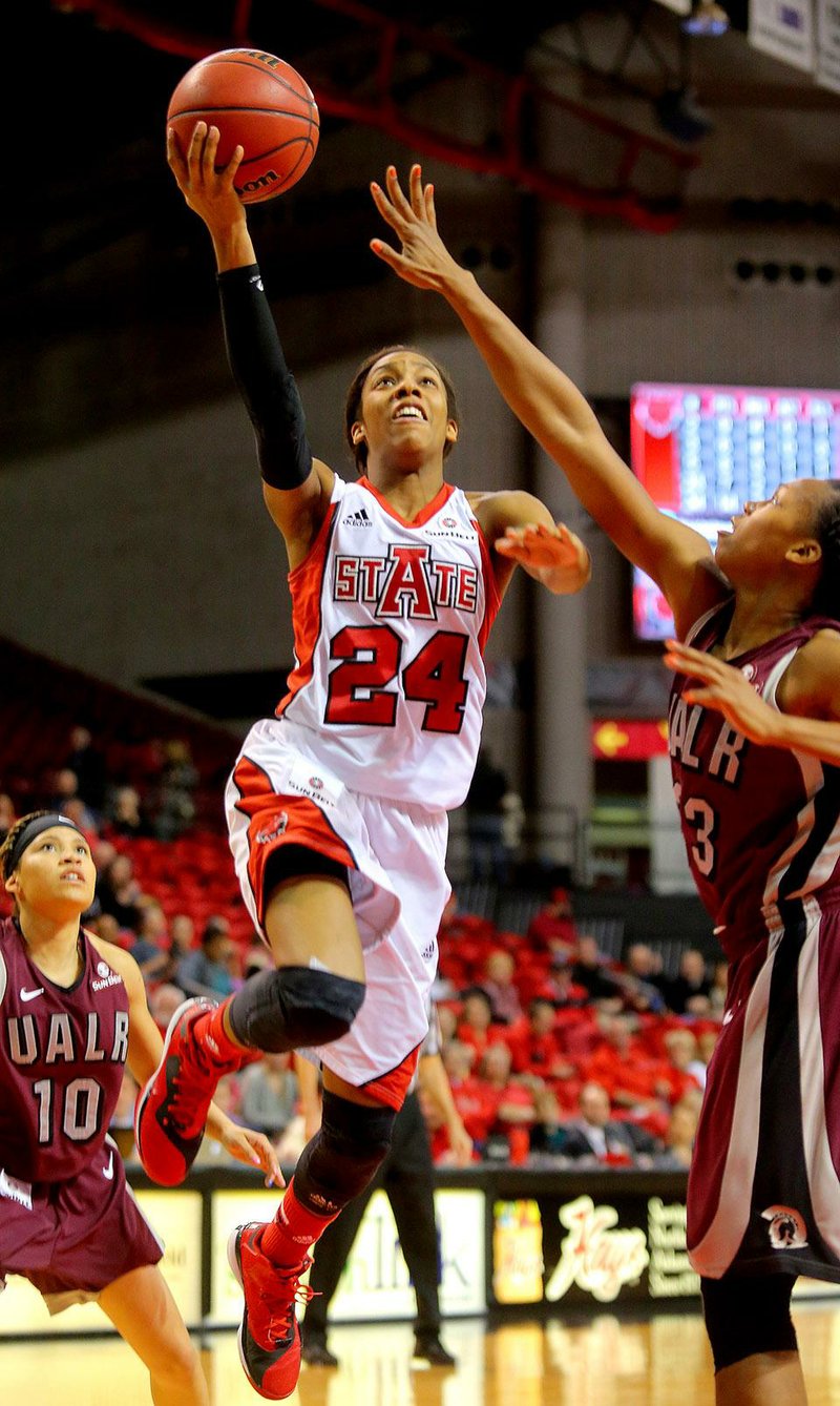 Arkansas State guard Aundrea Gamble (24) elevates for a layup before UALR forward Keanna Keys (33) can block the shot in Thursday’s game at the Convocation Center in Jonesboro. Gamble scored 15 of her game-high 19 points in the second half to lead the Red Wolves to a 70-69 victory.