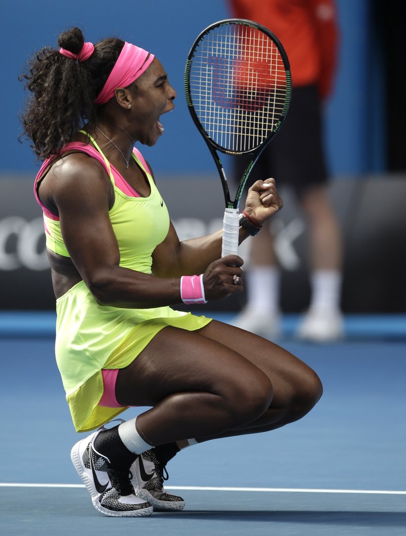 The Associated Press SERENE FEELING: Serena Williams celebrates after defeating American compatriot Madison Keys in the Australian Open semifinals Thursday. Williams goes for her sixth Australian championship in Saturday's final against Russian Maria Sharapova.
