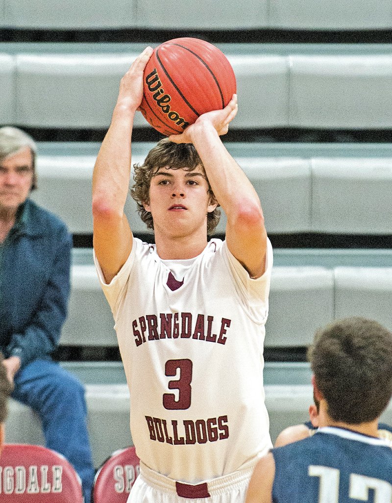  FILE PHOTO ANTHONY REYES &#8226; @NWATONYR Tyler Tutt, Springdale senior, shoots a three-pointer against Shiloh Christian on Nov. 18 in Bulldog Gymnasium in Springdale.