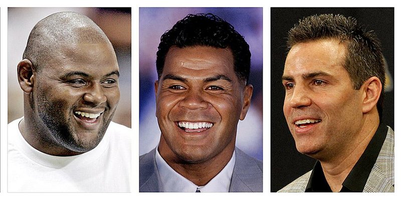 From left are Orlando Pace in a 2006 file photo, Junior Seau in a 2006 file photo and and Kurt Warner in a 2010 file photo. All three, in their first year of eligibility, are among the finalists for the Pro Football Hall of Fame's class of 2015, that will be announced Saturday, Jan. 31, 2015.